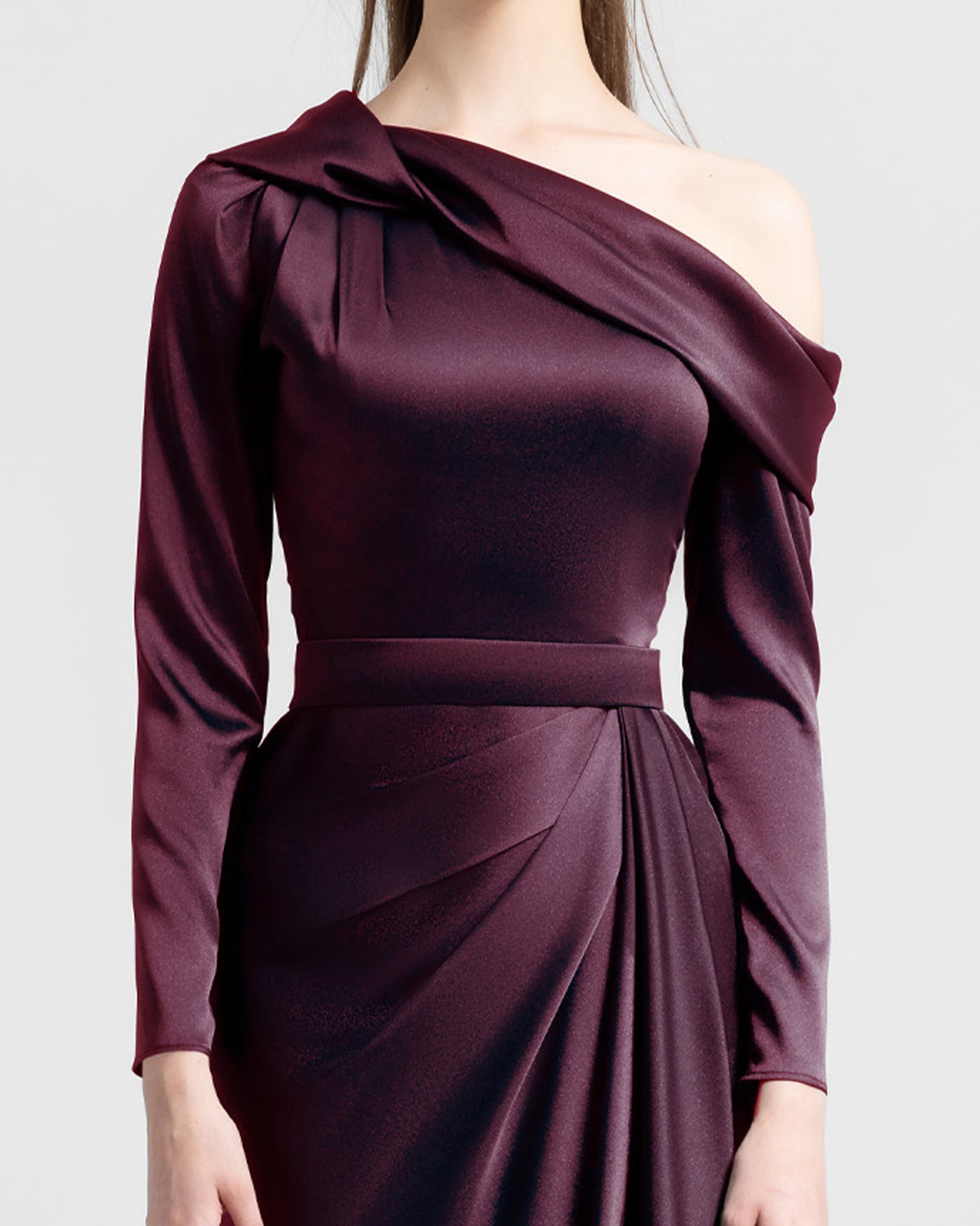 Burgundy Asymmetrical Draped Neckline Dress