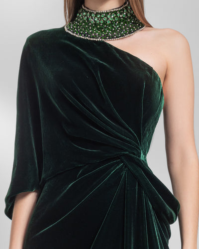 Dark Green One-Shoulder Beaded Dress