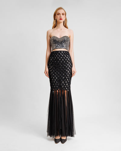 Sequins Skirt With Crochet Tulle Overlay