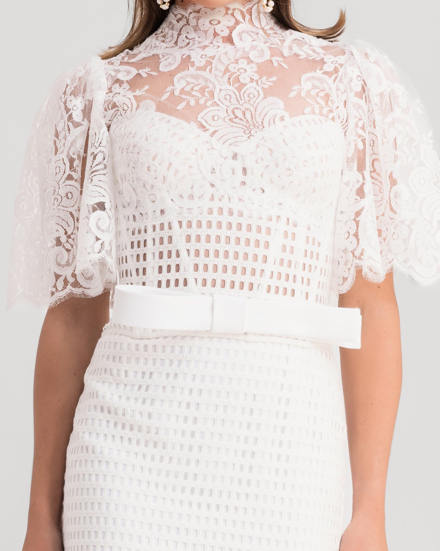 High-Collar Lace Top With Pencil Skirt