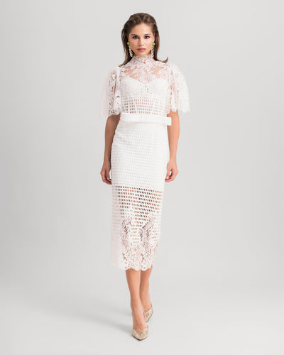 High-Collar Lace Top With Pencil Skirt