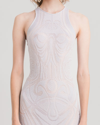 Silver Slim-Cut Pattern Lace Midi Dress