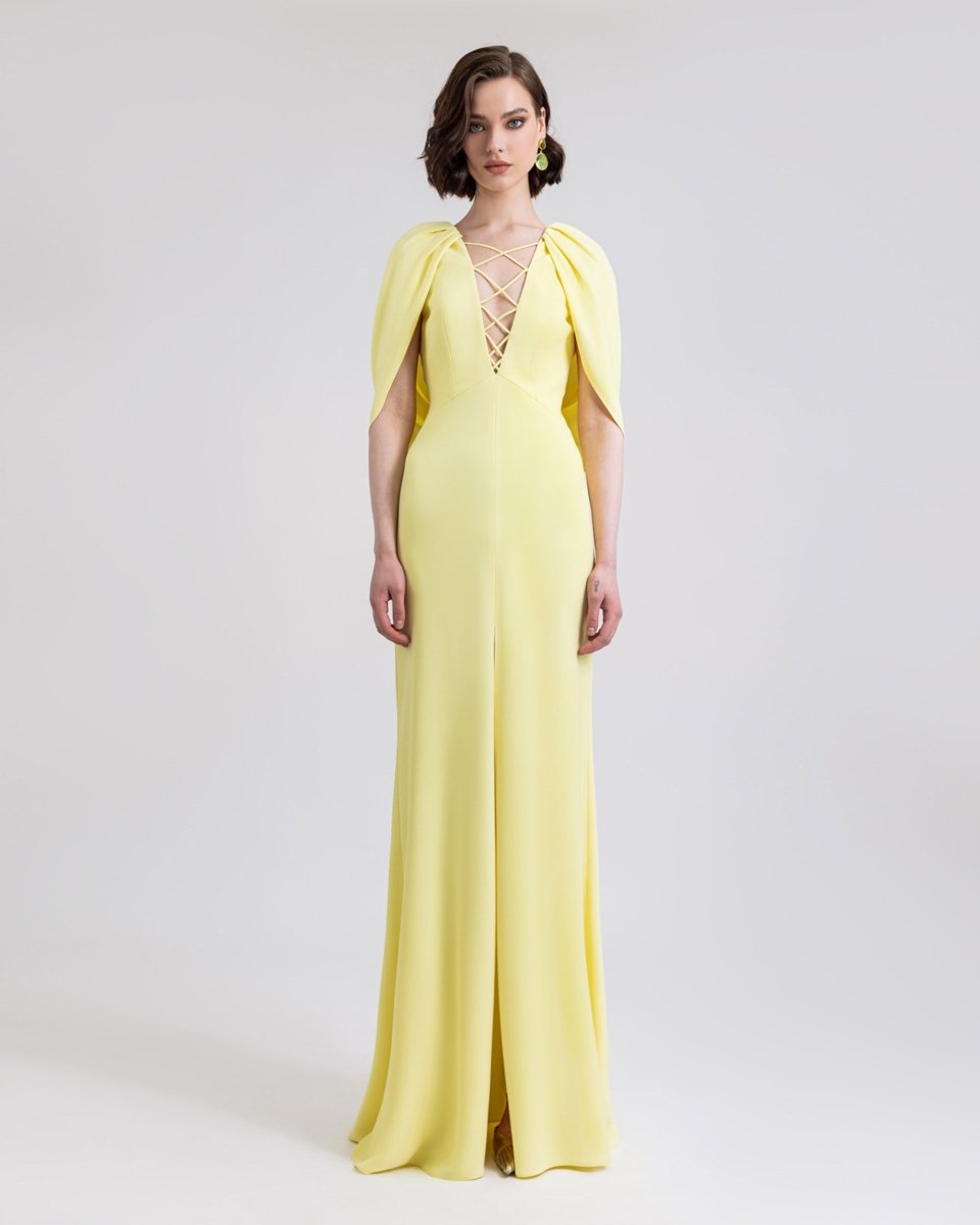 Gemy Maalouf Evening Dresses Cape-Like Lemon Dress