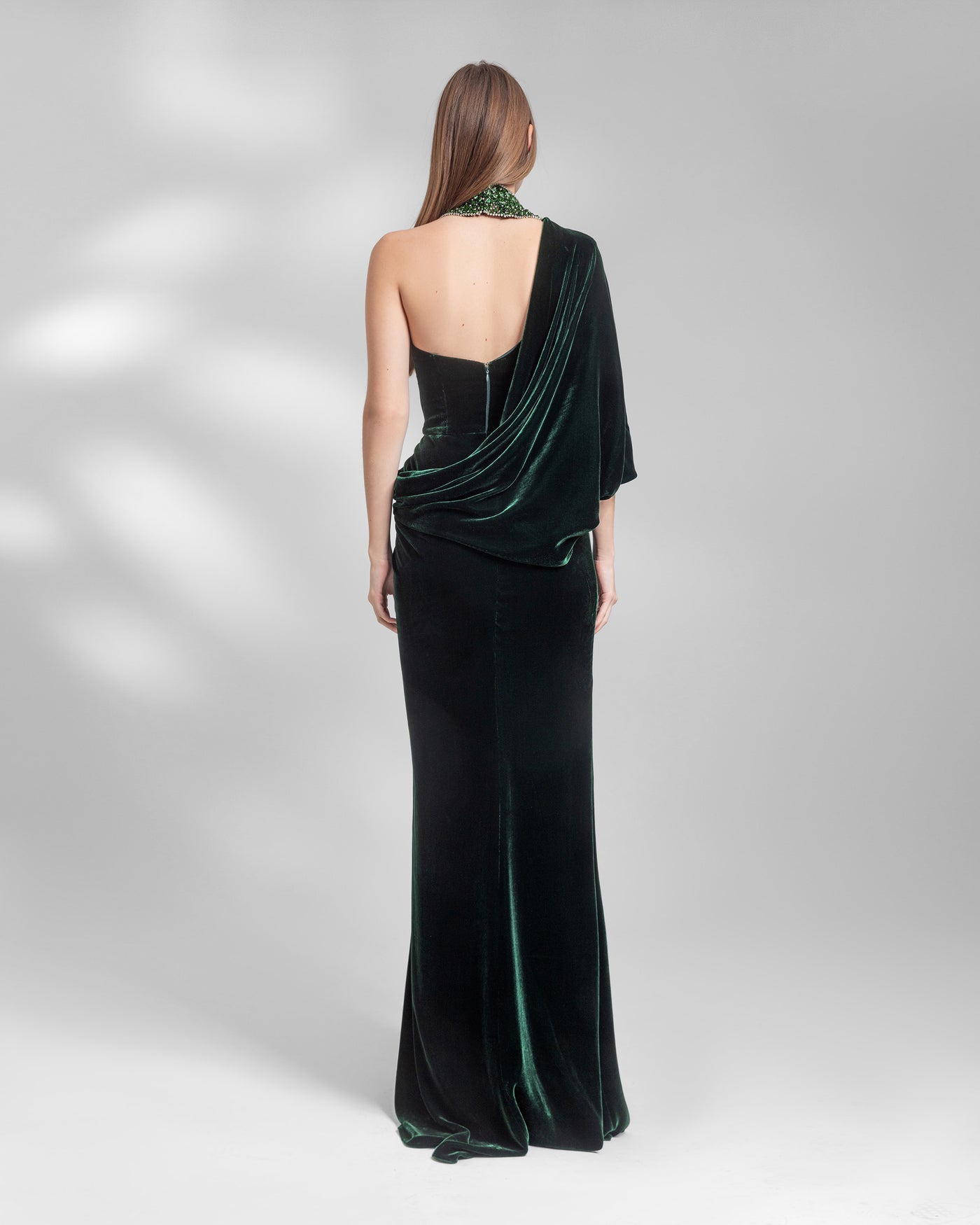 Dark Green One-Shoulder Beaded Dress