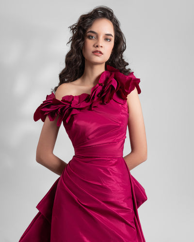 Magenta Asymmetrical Embellished Tafta Dress