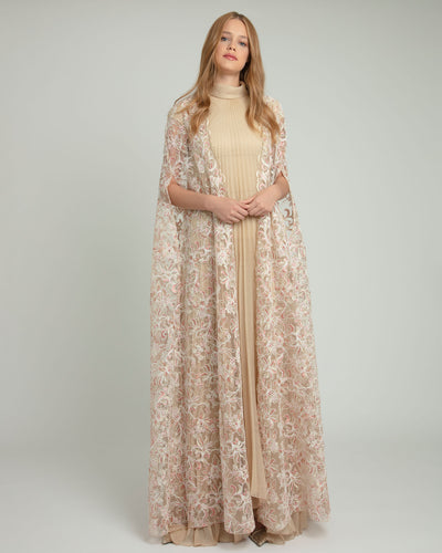 Pleated Kaftan with Embroidered Cape
