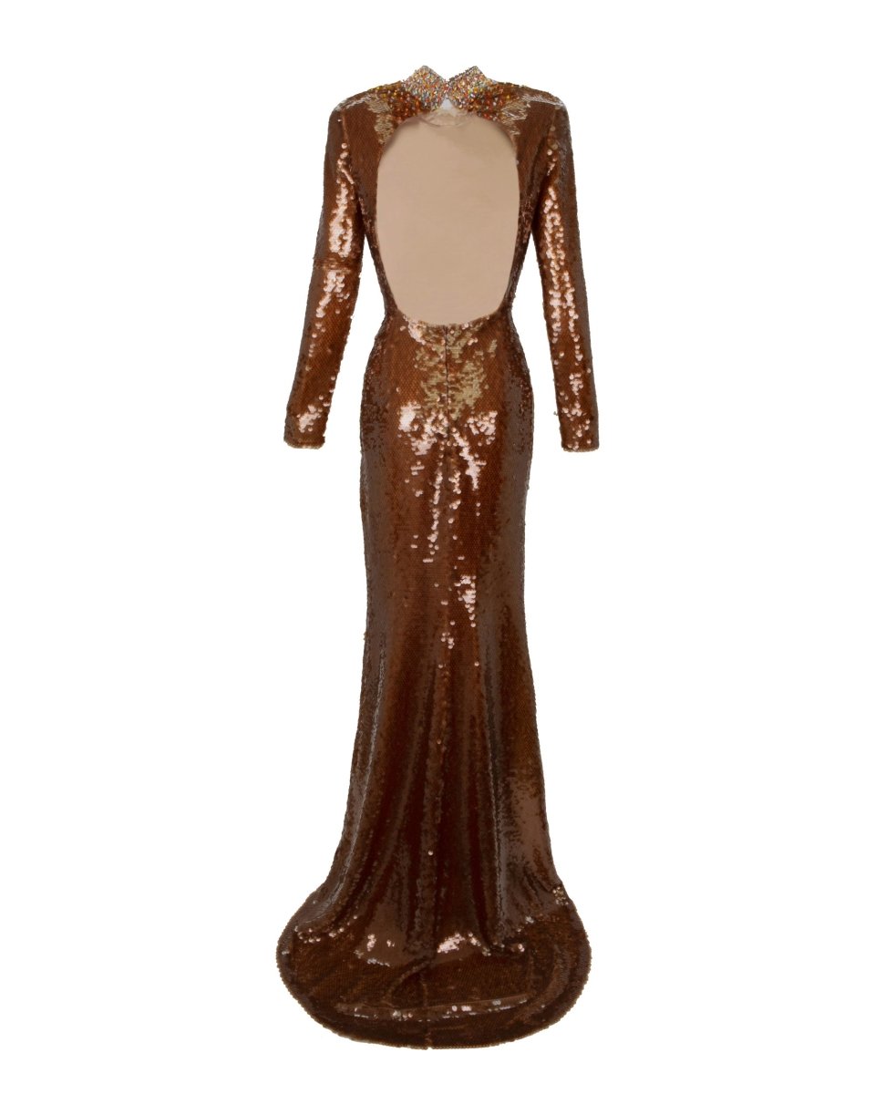 Long Fitted Sequins Coffee Dress - Gemy Maalouf