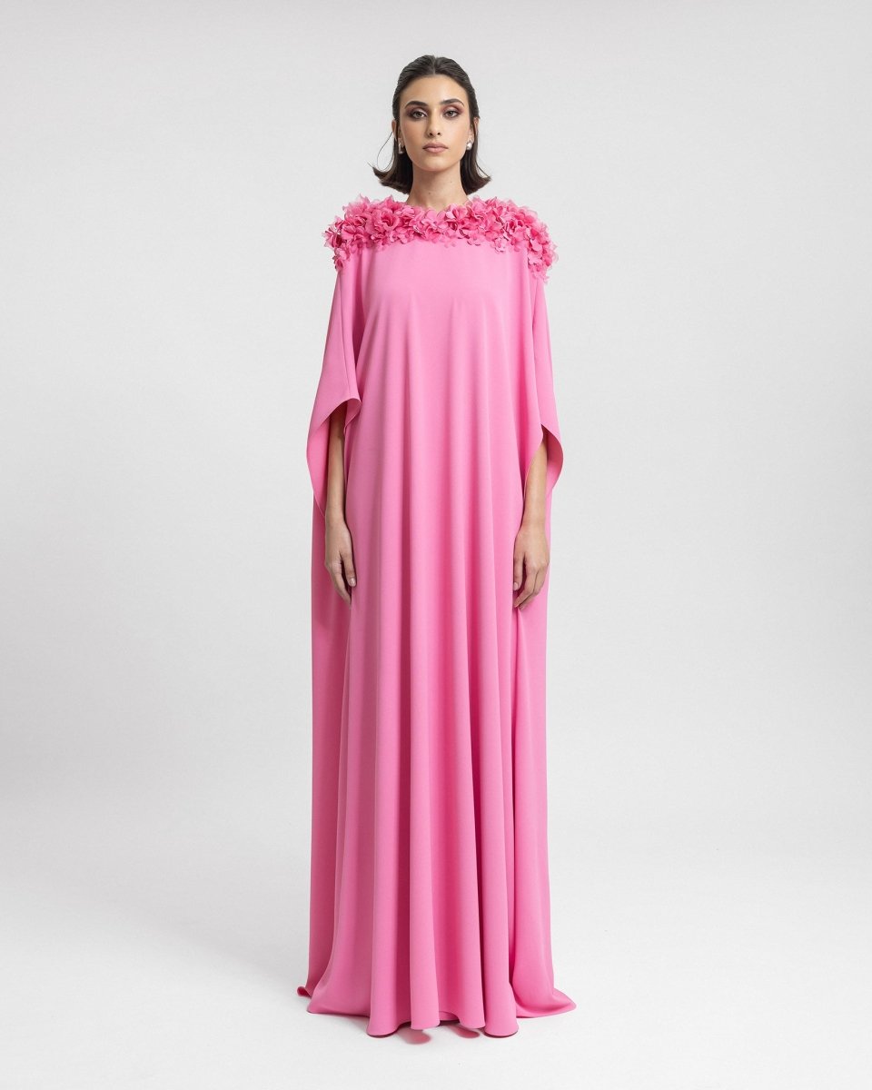Floral Embellished Neckline Kaftan - Gemy Maalouf