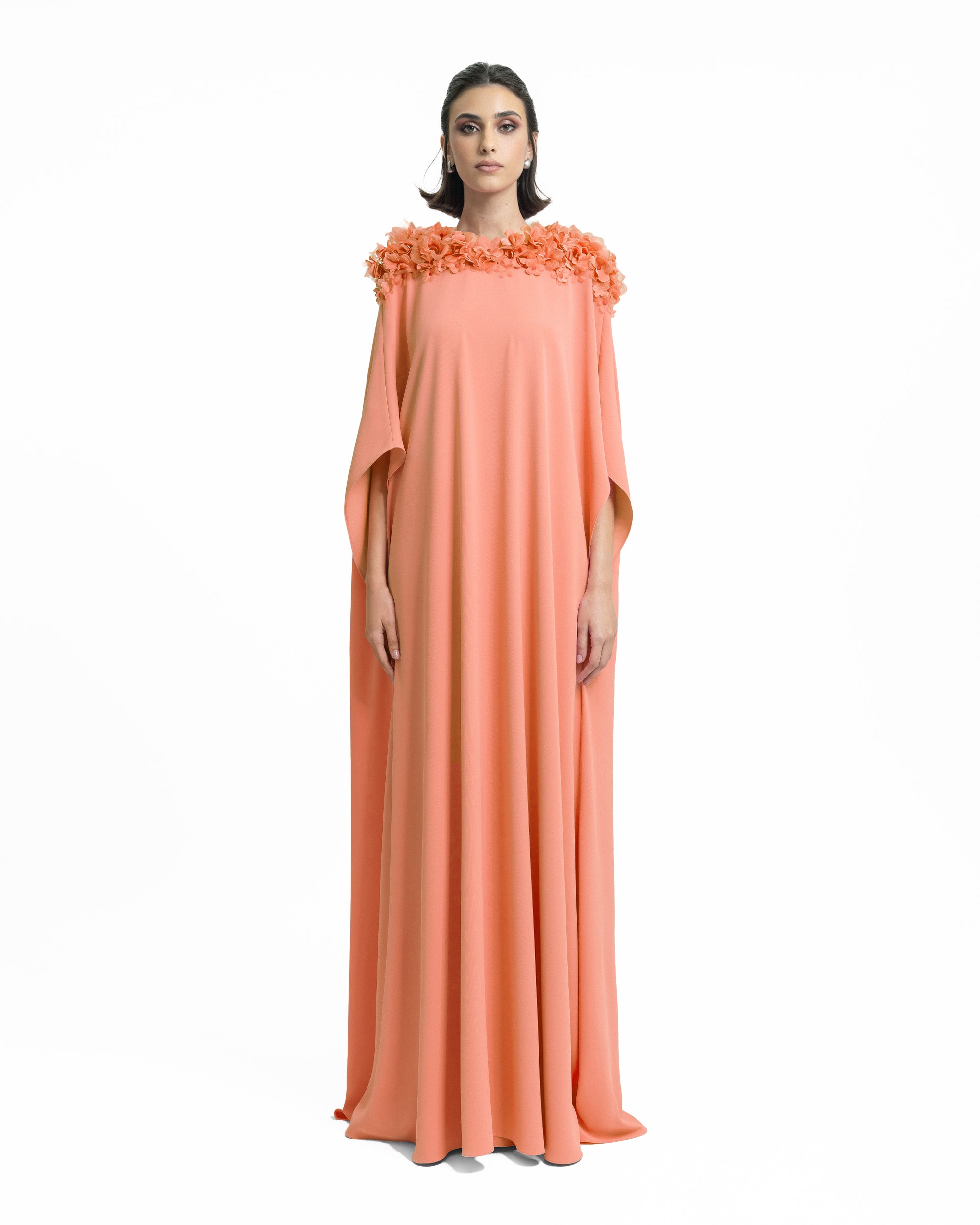 Floral Embellished Neckline Peach Kaftan