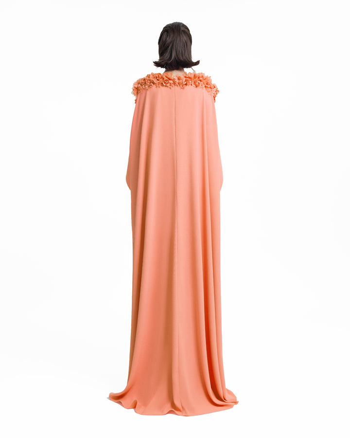 Floral Embellished Neckline Peach Kaftan
