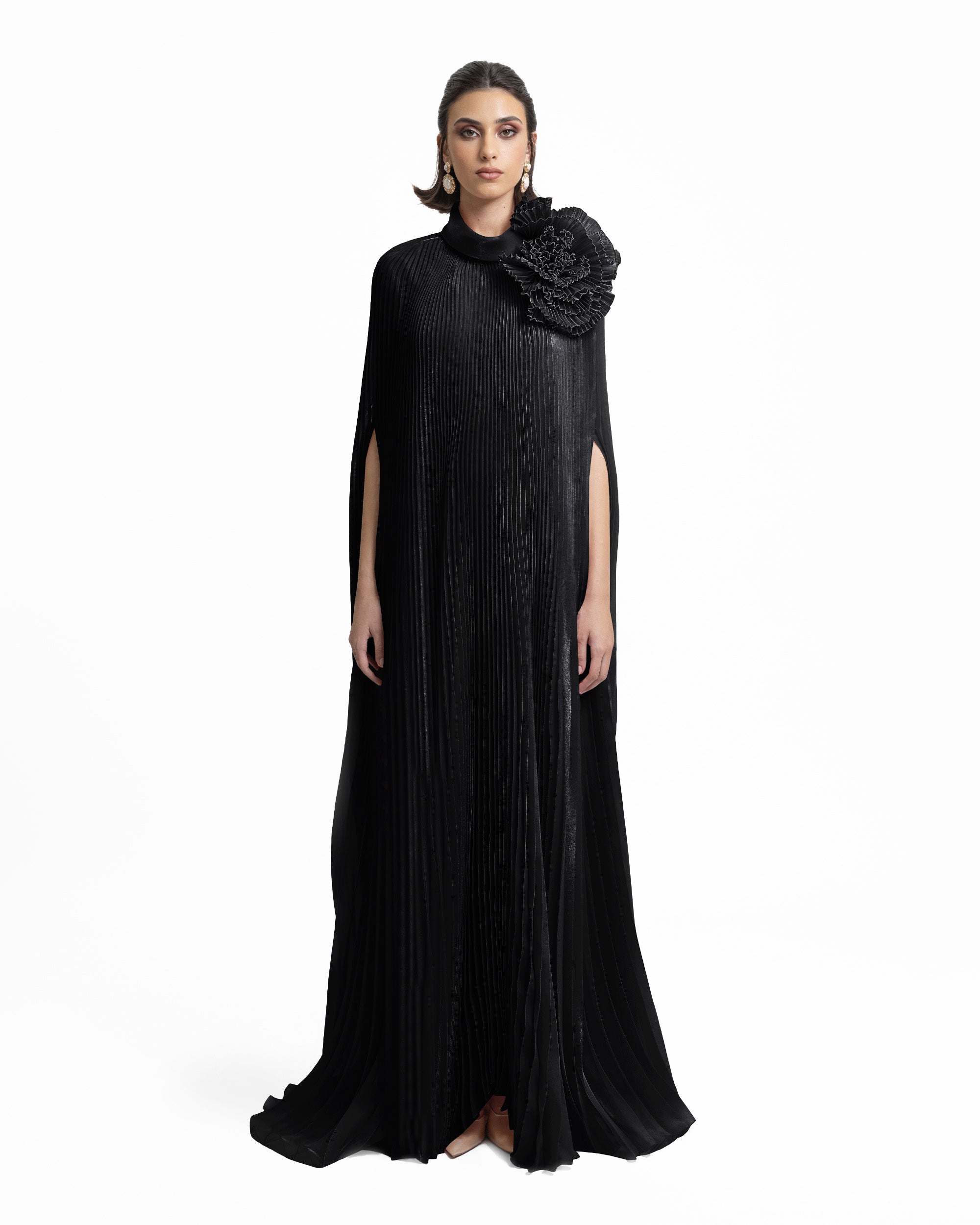 Black Kaftan with Draped Flower