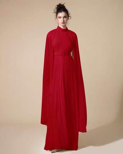 فستان شيفون أحمر غير متساوي بشكل كيب مع حزام