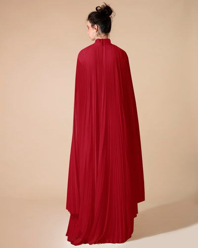 فستان شيفون أحمر غير متساوي بشكل كيب مع حزام
