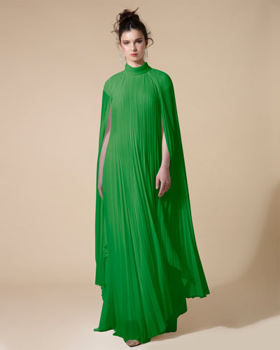 فستان اخضر بشكل كيب غير متساوي الطول