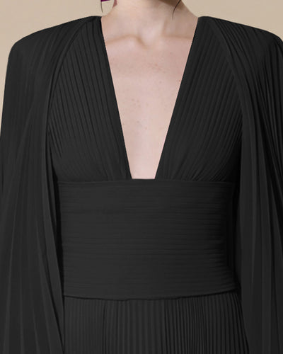 Fully Pleated Black Dress With Deep V-Neck