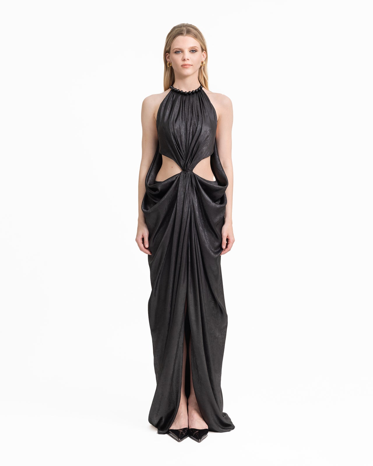 Embellished Draped Lamé Dress