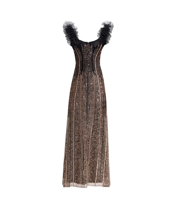 Beaded Tulle Dress with Ruffled Shoulders - Gemy Maalouf