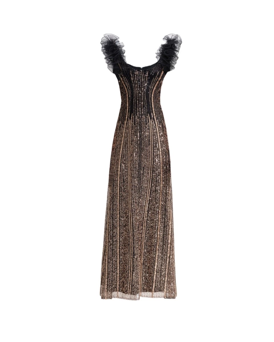 Beaded Tulle Dress with Ruffled Shoulders - Gemy Maalouf