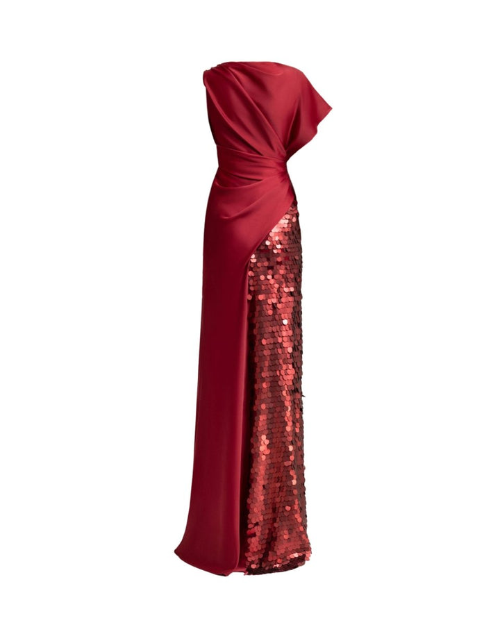 Asymmetrical Satin Dress with Slit and Sequins - Gemy Maalouf