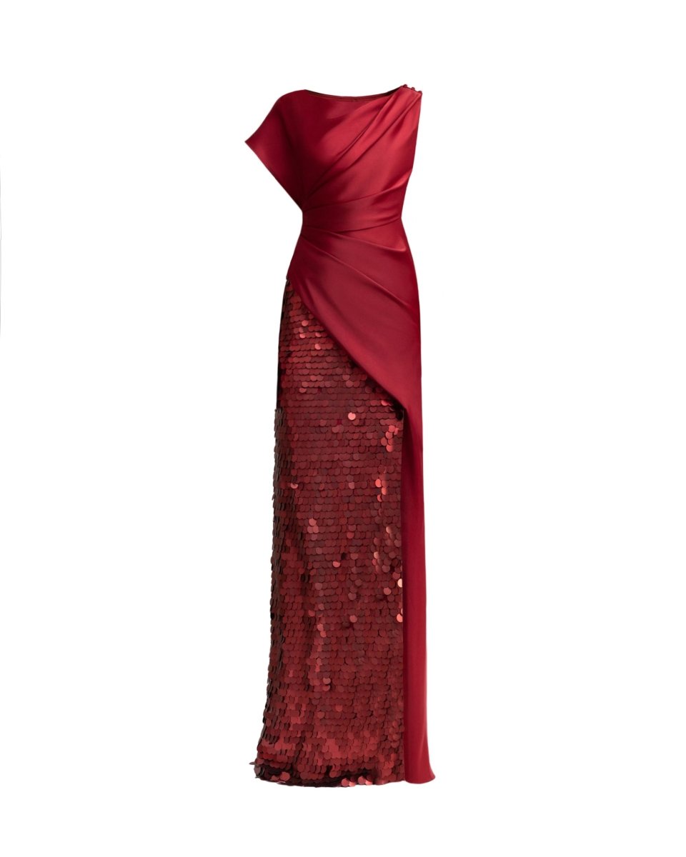 Asymmetrical Satin Dress with Slit and Sequins - Gemy Maalouf