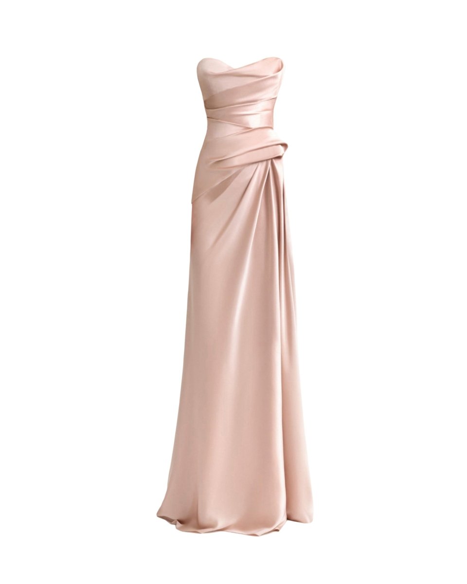 Strapless Asymmetrical Draped Satin Dress - Gemy Maalouf