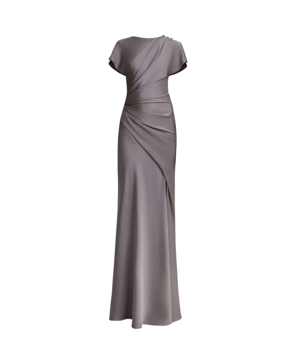 Asymmetrical Draped Satin Dress - Gemy Maalouf