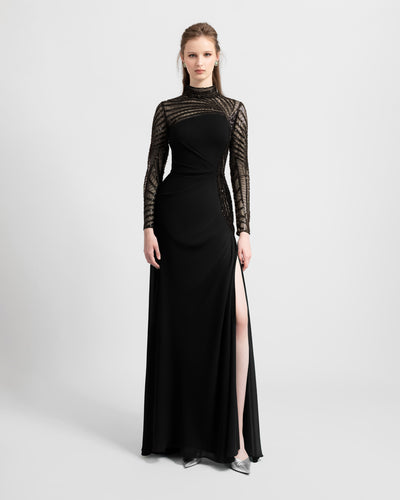 Black See-Through and Embroidered Sleeves Dress