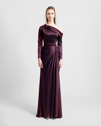 Burgundy Asymmetrical Draped Neckline Dress