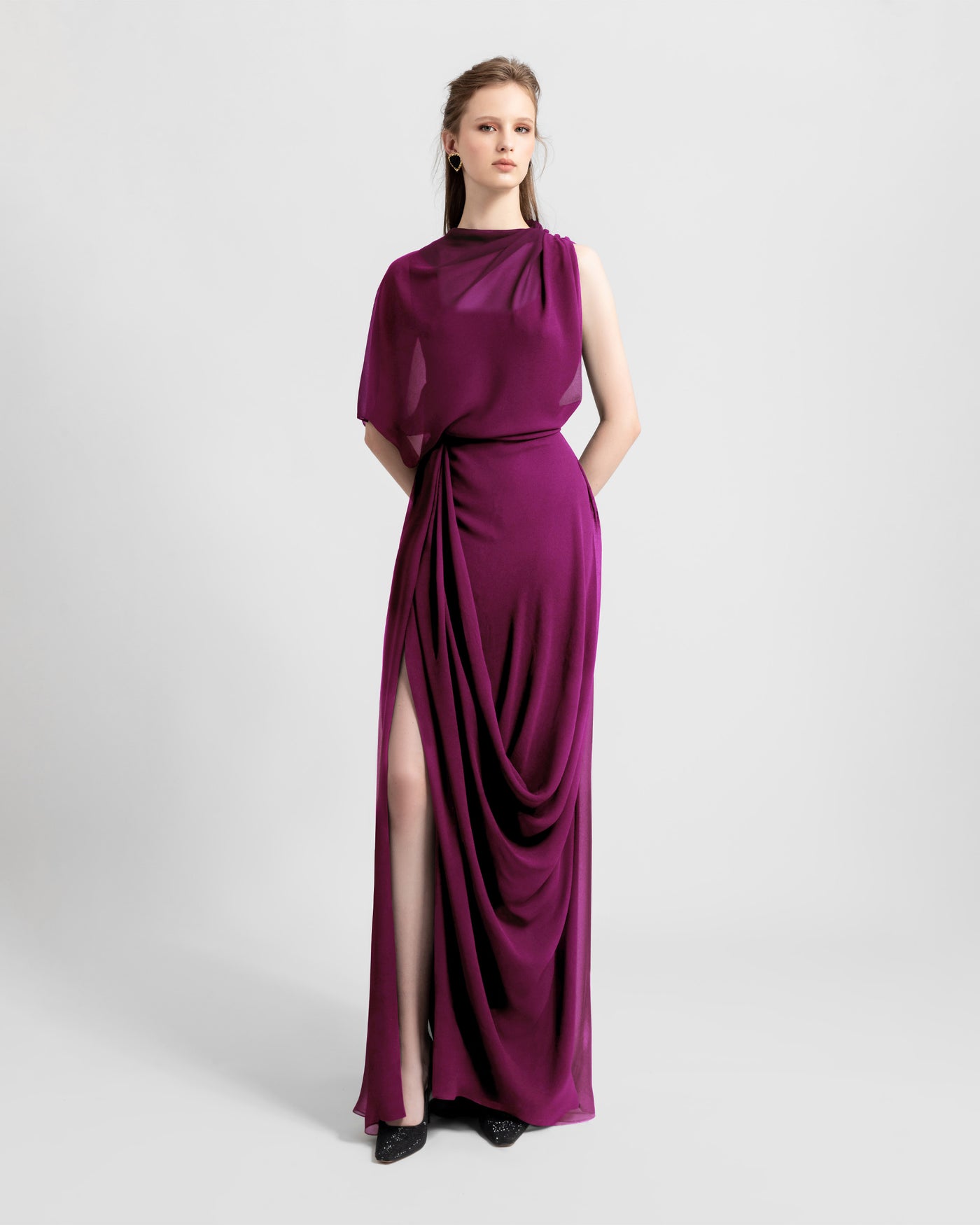 Asymmetrical Draped Burgundy Dress