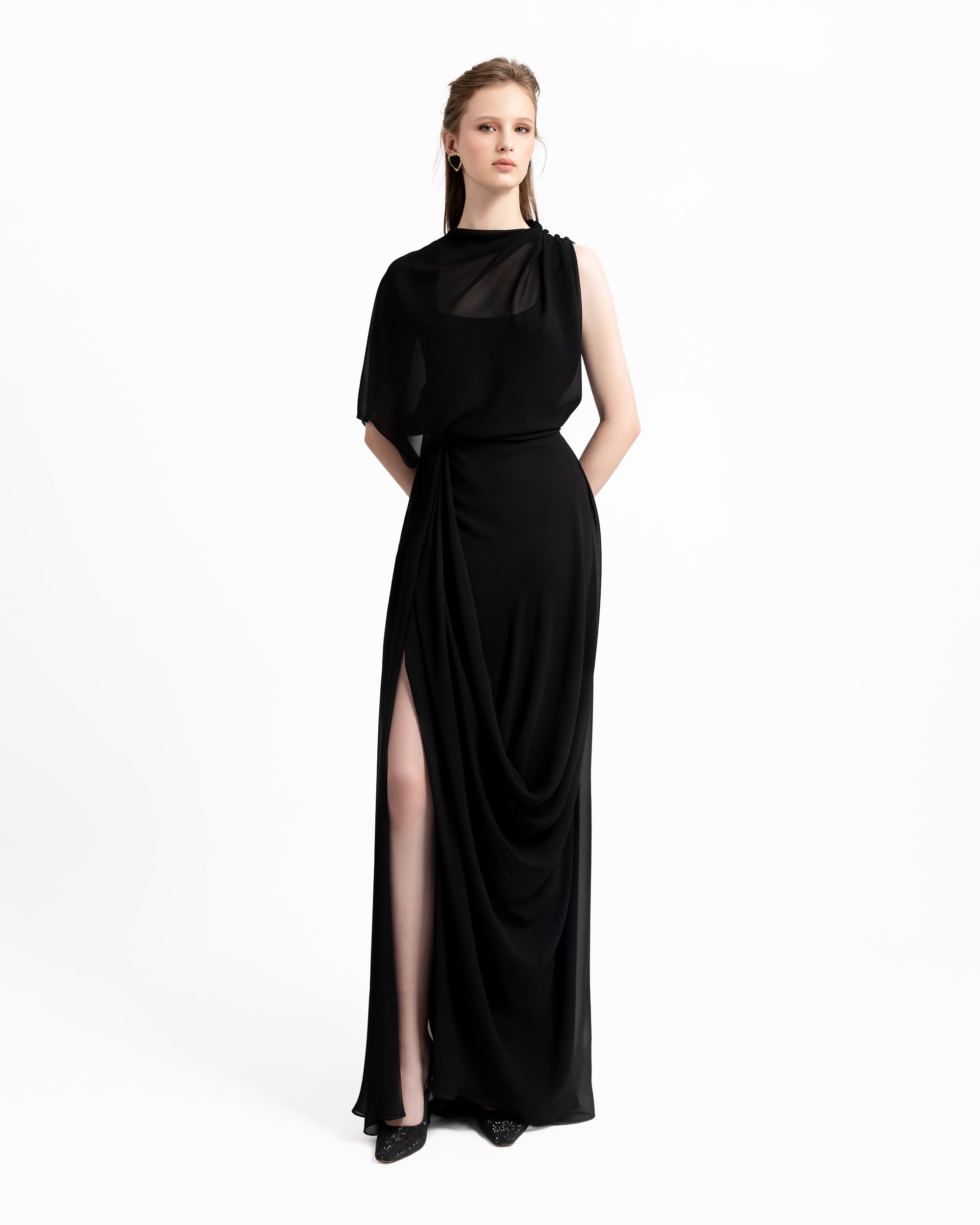 Asymmetrical Draped Black Dress