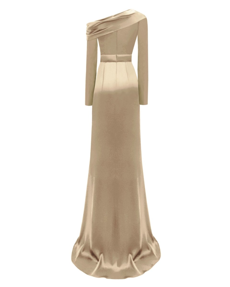 Gold Asymmetrical Draped Neckline Dress - Gemy Maalouf