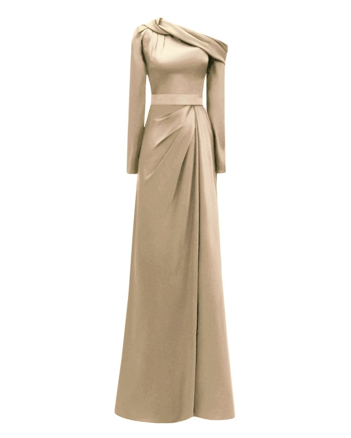 Gold Asymmetrical Draped Neckline Dress - Gemy Maalouf