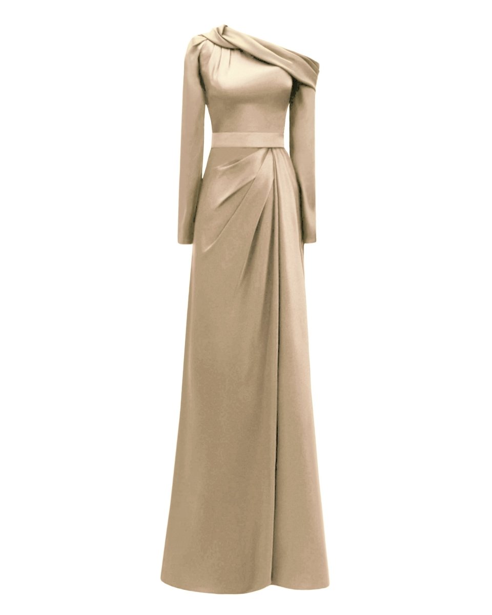 Gold Asymmetrical Draped Neckline Dress - Gemy Maalouf
