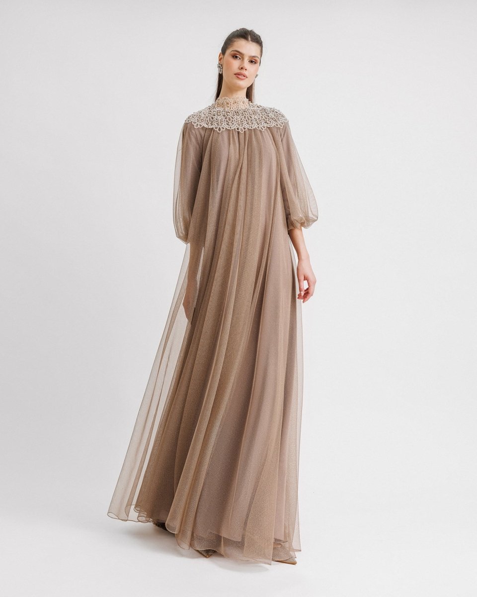 Lace Neckline Kaftan - Gemy Maalouf