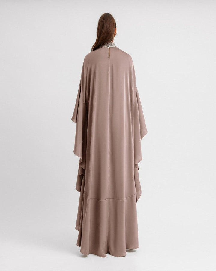 Beaded Collar Taupe Kaftan - Gemy Maalouf