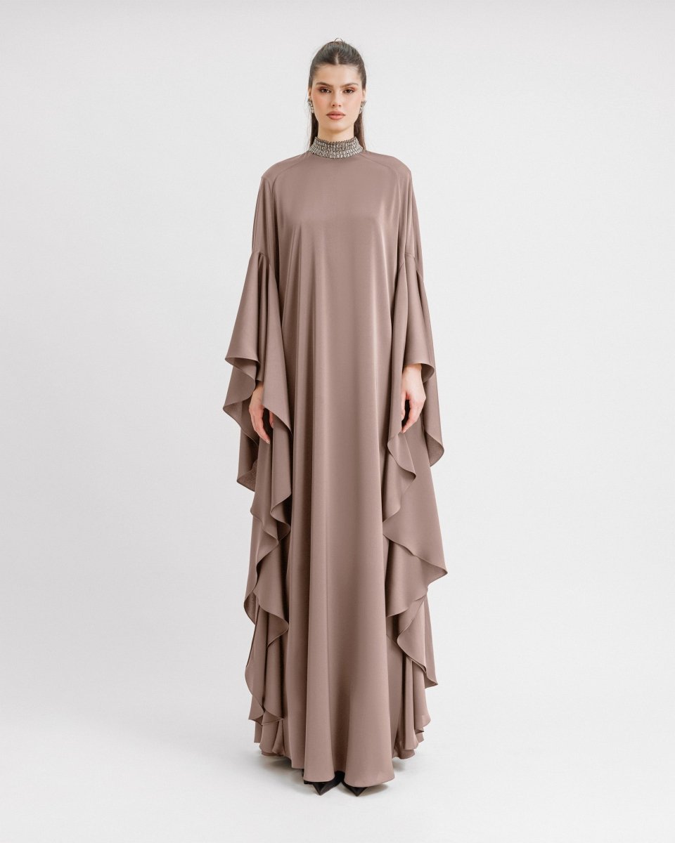 Beaded Collar Taupe Kaftan - Gemy Maalouf