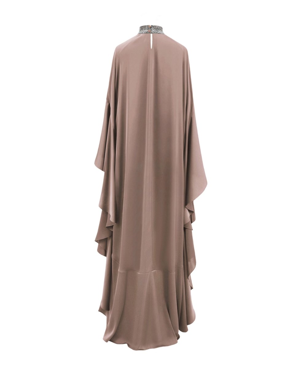 Beaded Collar Taupe Kaftan - Gemy Maalouf