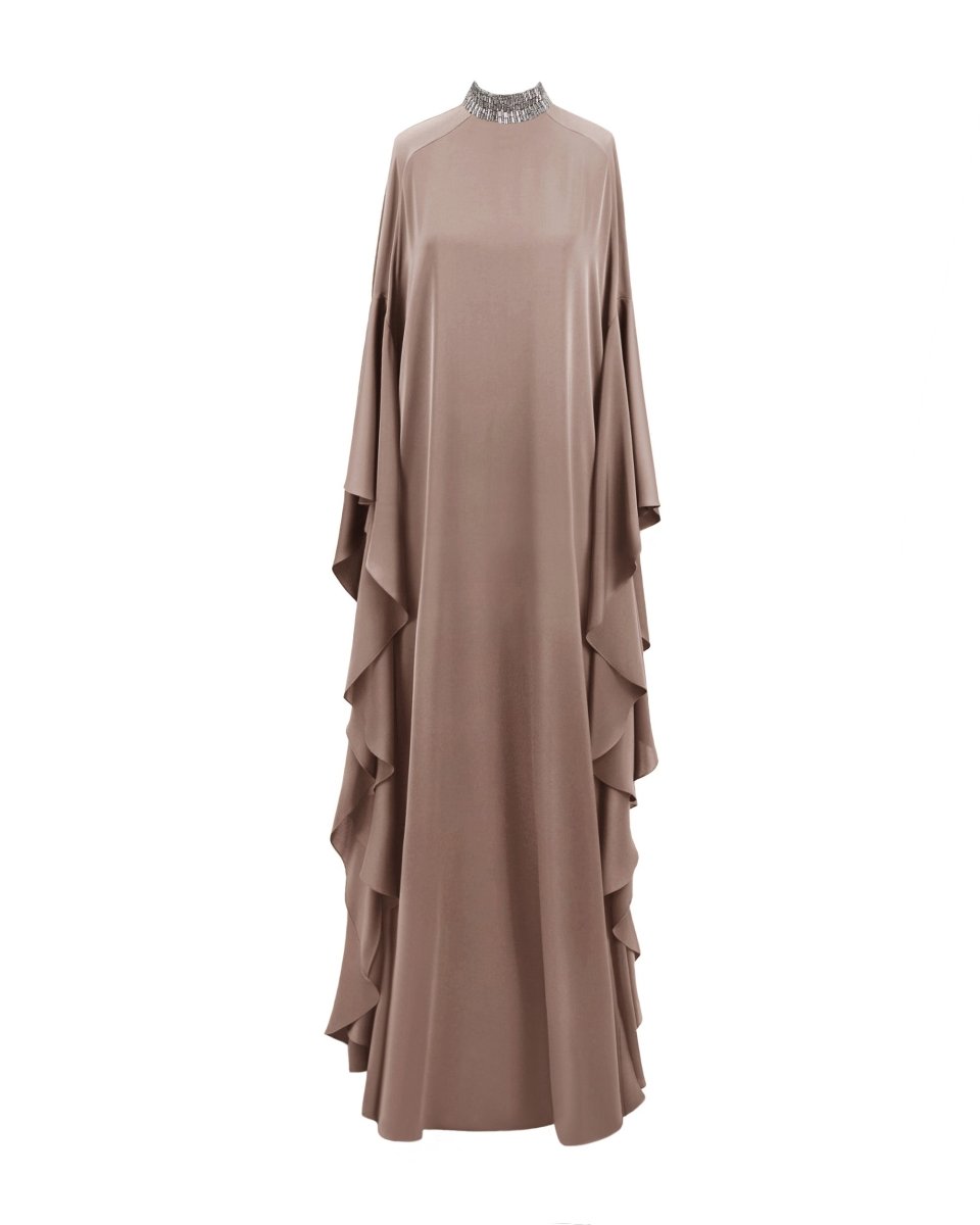 Beaded Collar Taupe Kaftan - Gemy Maalouf