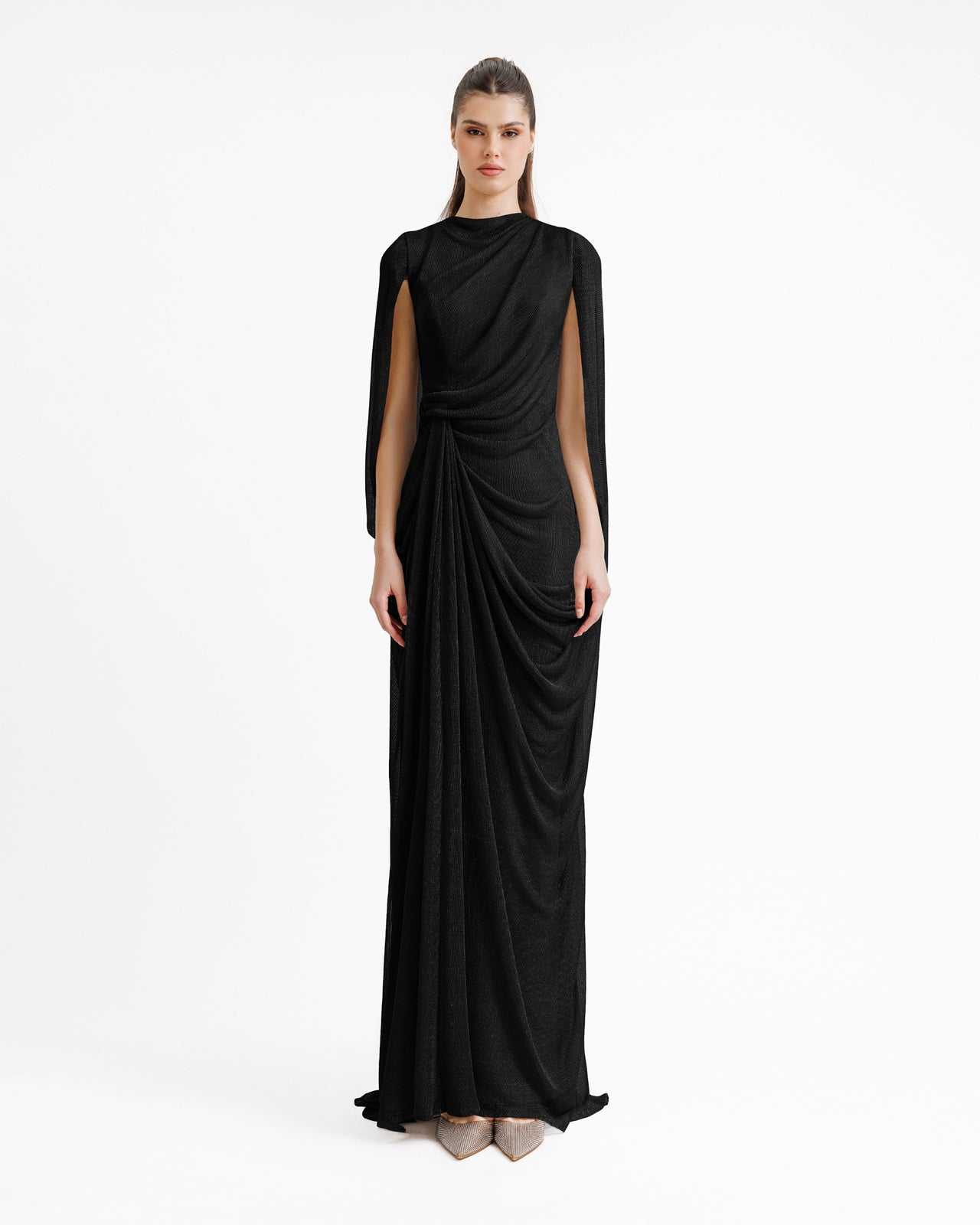 Long tulle dress with draping