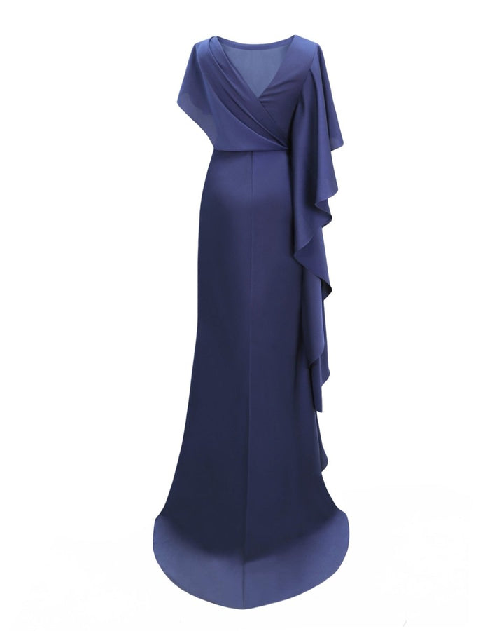 Asymmetrical Ruffled Draped Navy Dress - Gemy Maalouf