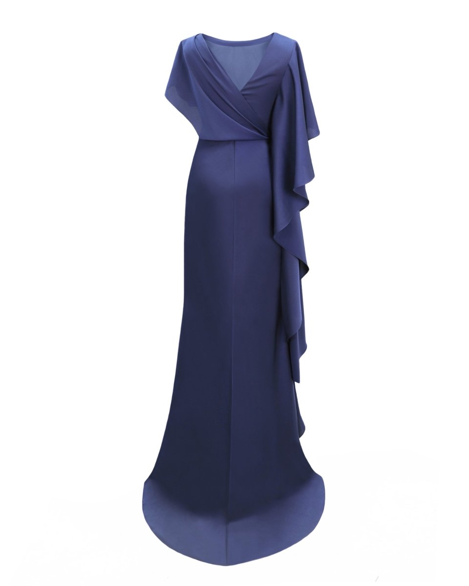 Asymmetrical Ruffled Draped Navy Dress - Gemy Maalouf