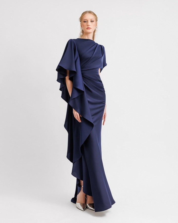 Asymmetrical Ruffled Draped Navy Dress - Gemy Maalouf