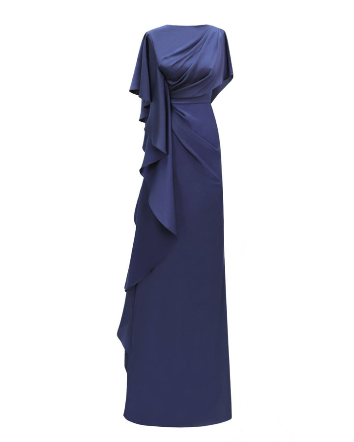 Asymmetrical Ruffled Draped Navy Dress - Gemy Maalouf