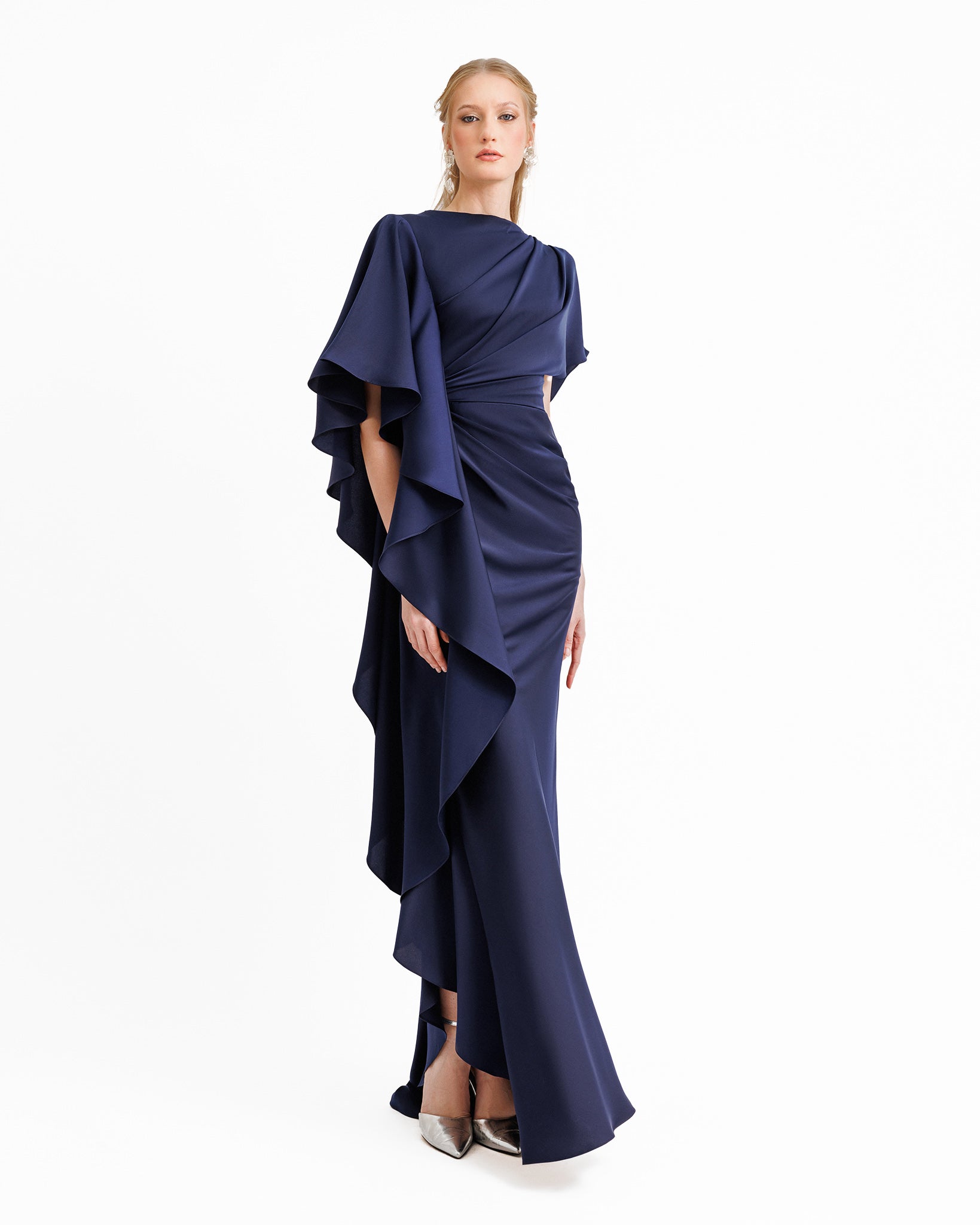 Asymmetrical Ruffled Draped Navy Dress