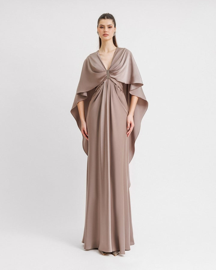 V - neckline Taupe Dress - Gemy Maalouf