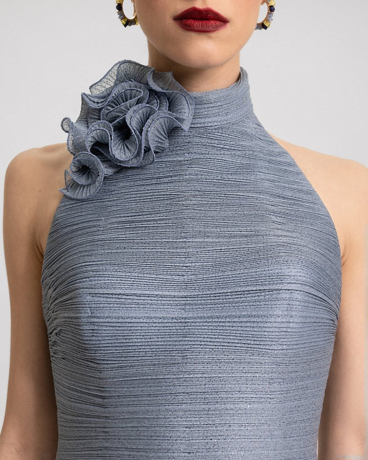 High - Collar Dress with Floral Detail - Gemy Maalouf