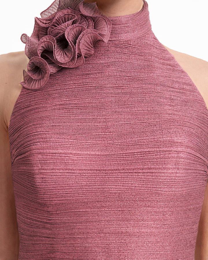 High-Collar Dress with Floral Detail