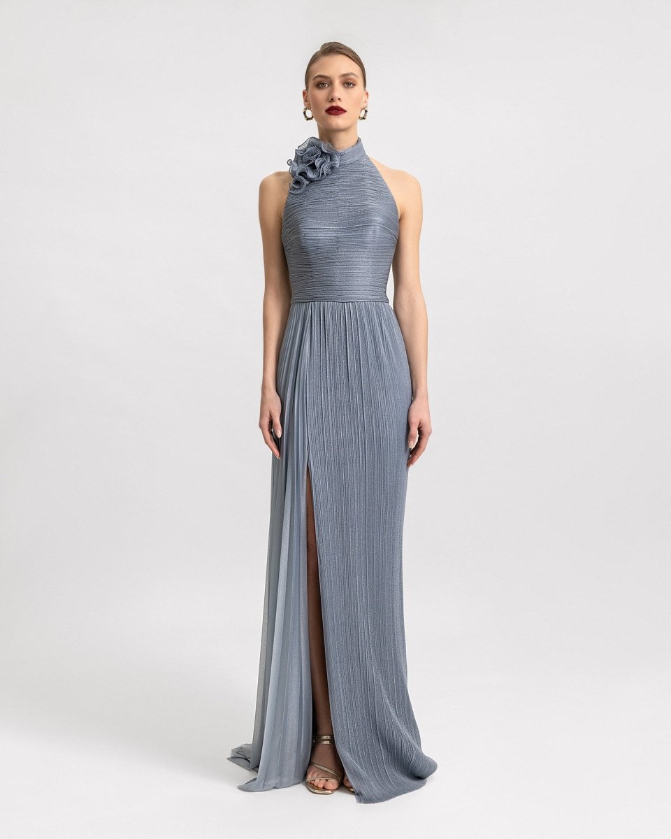 High - Collar Dress with Floral Detail - Gemy Maalouf