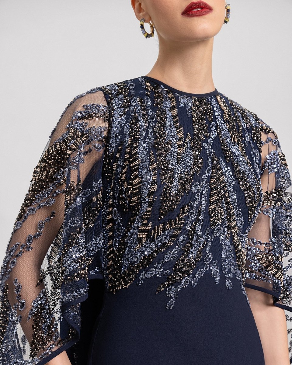 Beaded Sheer Cape Dress - Gemy Maalouf
