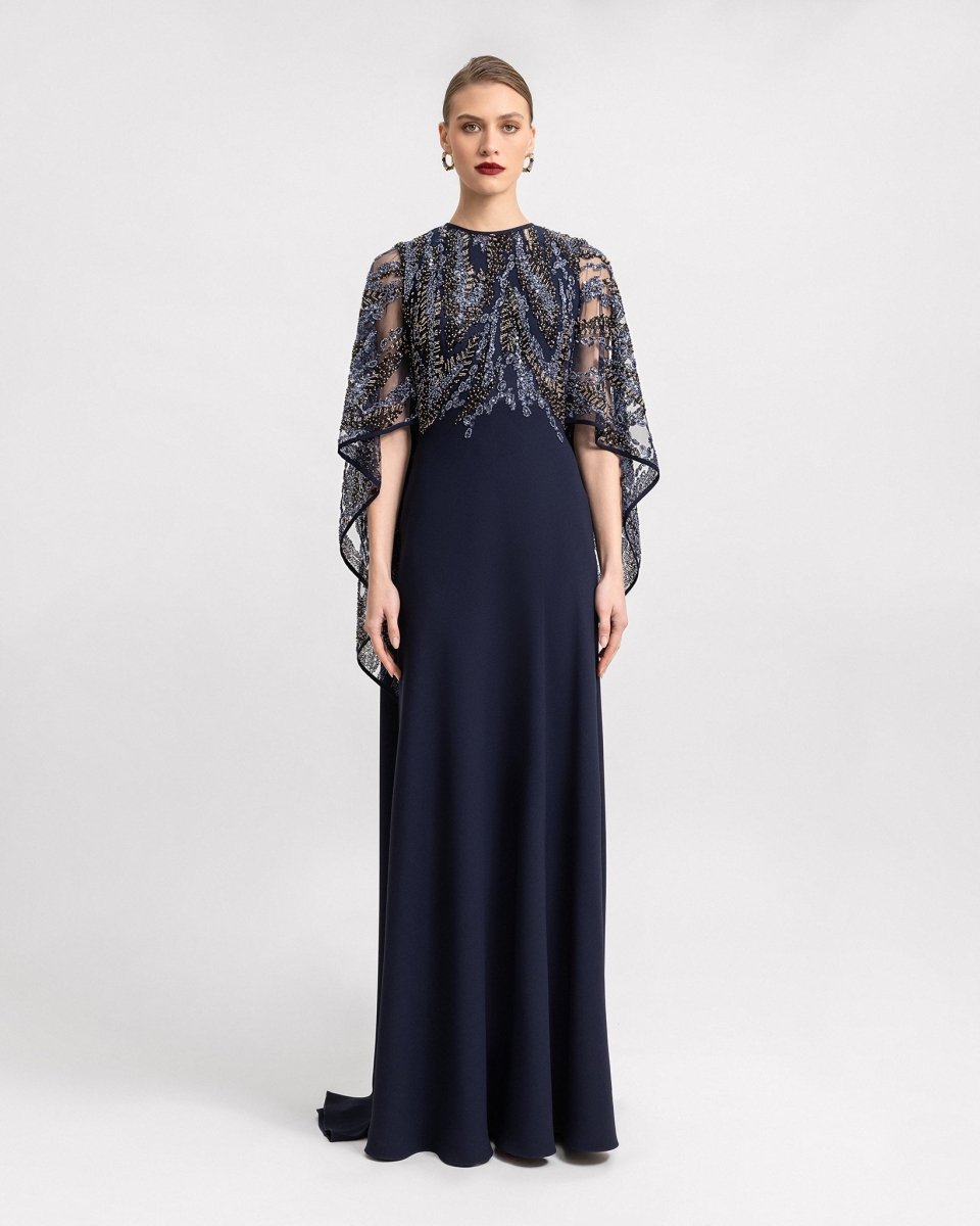 Beaded Sheer Cape Dress - Gemy Maalouf